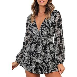 Relipop Romper Floral Print V Neck Baggy Sleeve Waist Tie Layered Ruffle SZ XXL